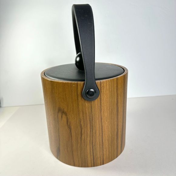 Vintage 1960s Ice Bucket Brown Vinyl Wood Tones Kraftware - Picture 3 of 8